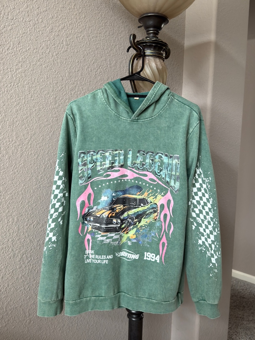Green Graphic Car Hoodie with Pink & Black Accents